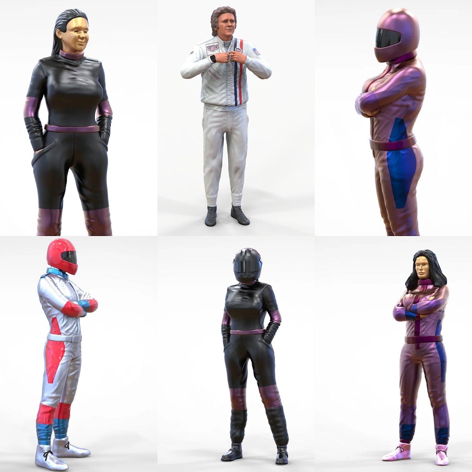 Une collage de six figurines miniatures représentant des pilotes et pilotes féminines avec et sans casque en tenue de course complète.