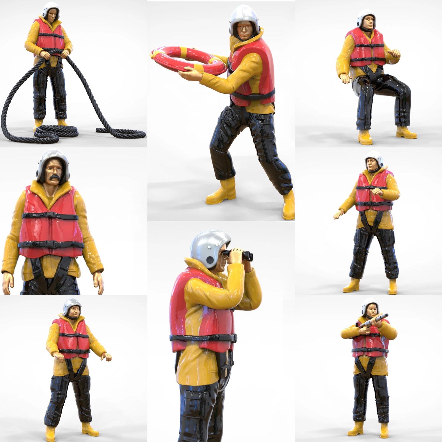 Collage mit acht Seenotretter-Miniatur-Figuren. Alle Figuren tragen Schwimmwesten. Einige sind mit Ferngläsern, Rettungsreifen und Schlauch ausgestattet.