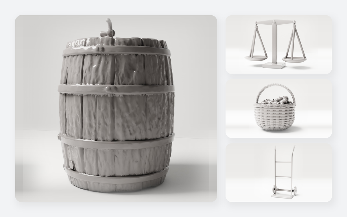 Caisses miniatures, tonneaux et marchandises pour dioramas
