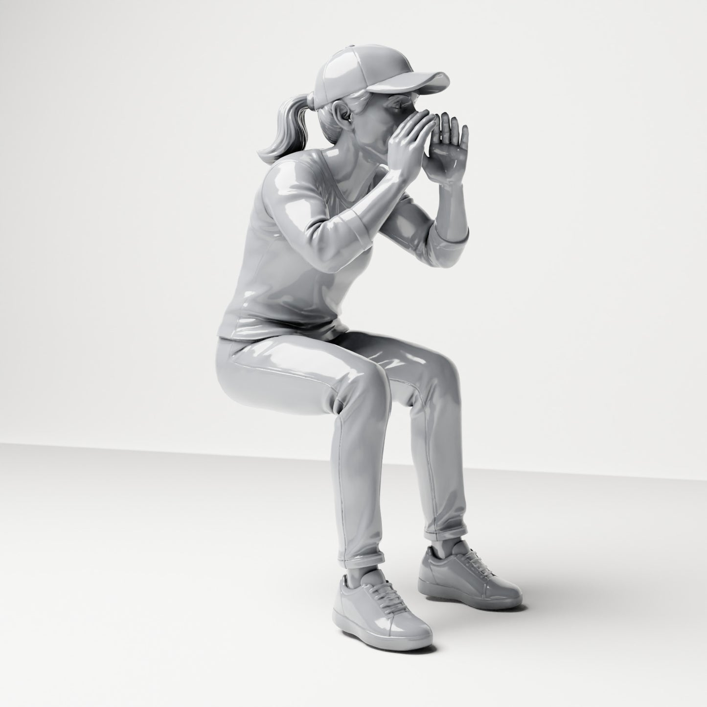 Photo produit de modélisme pour diorama 3 : figurine assise, spectateur criant les mains autour de la bouche (B062)