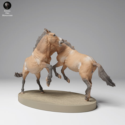 Photo de produit Figurine animale Diorama, Modélisme : 0 : Figurine d'animal sauvage : chevaux de Przewalski en train de se battre (Réf 24_12_02)