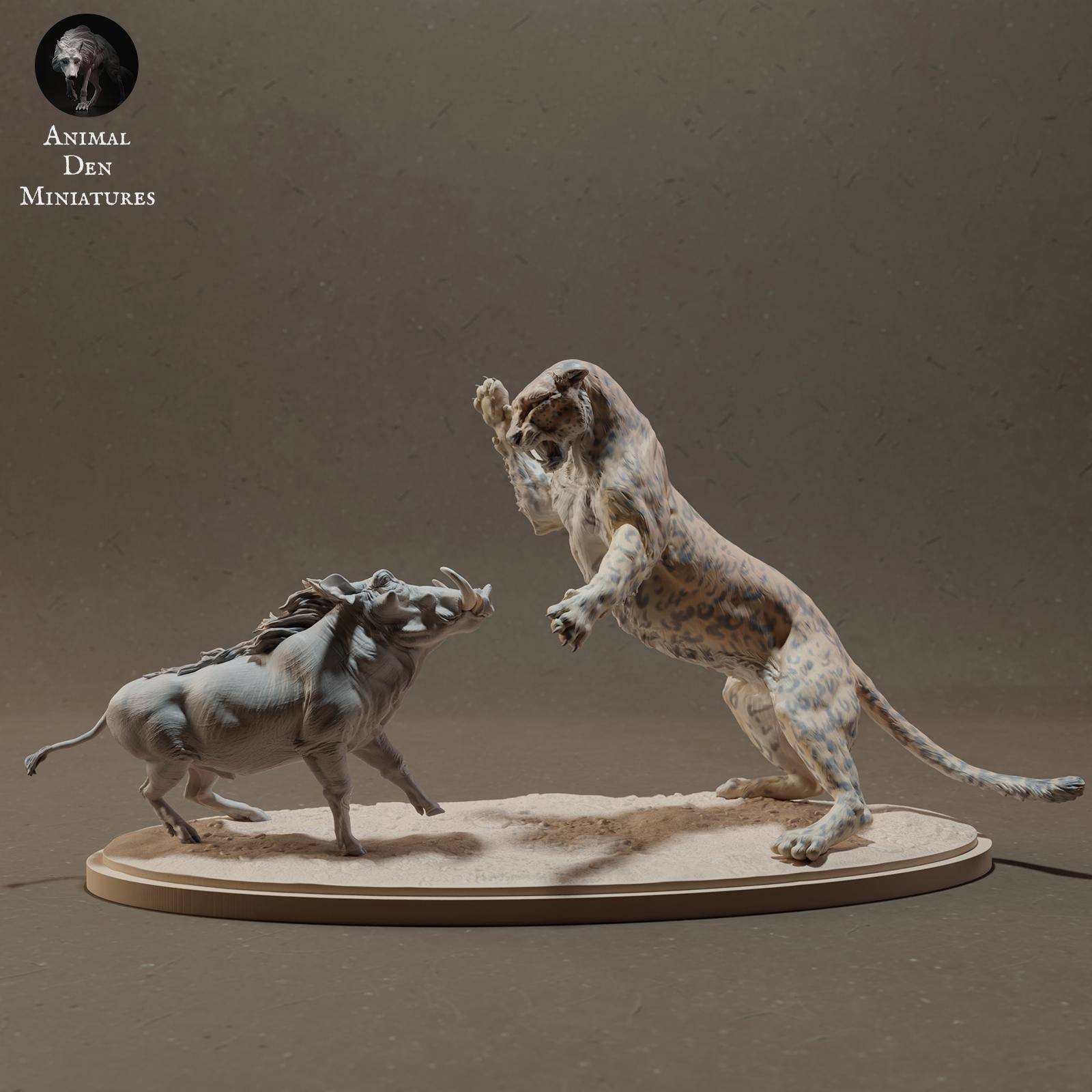 Photo de produit Figurine animale Diorama, Modélisme : 0 : Figurine de faune sauvage : Léopard chassant un phacochère – Animaux de la savane (Ref 01_01_42)