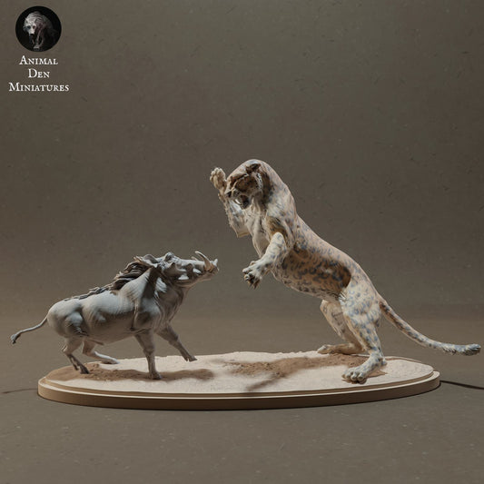 Photo de produit Figurine animale Diorama, Modélisme : 0 : Figurine de faune sauvage : Léopard chassant un phacochère – Animaux de la savane (Ref 01_01_42)