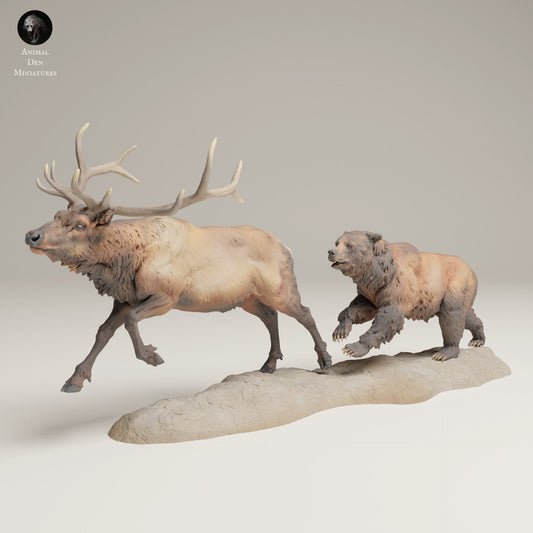 Photo de produit Figurine animale Diorama, modélisme : 0 : Figurine de faune sauvage : Grizzly chassant un Wapiti des Rocheuses (Réf 25_06_13)