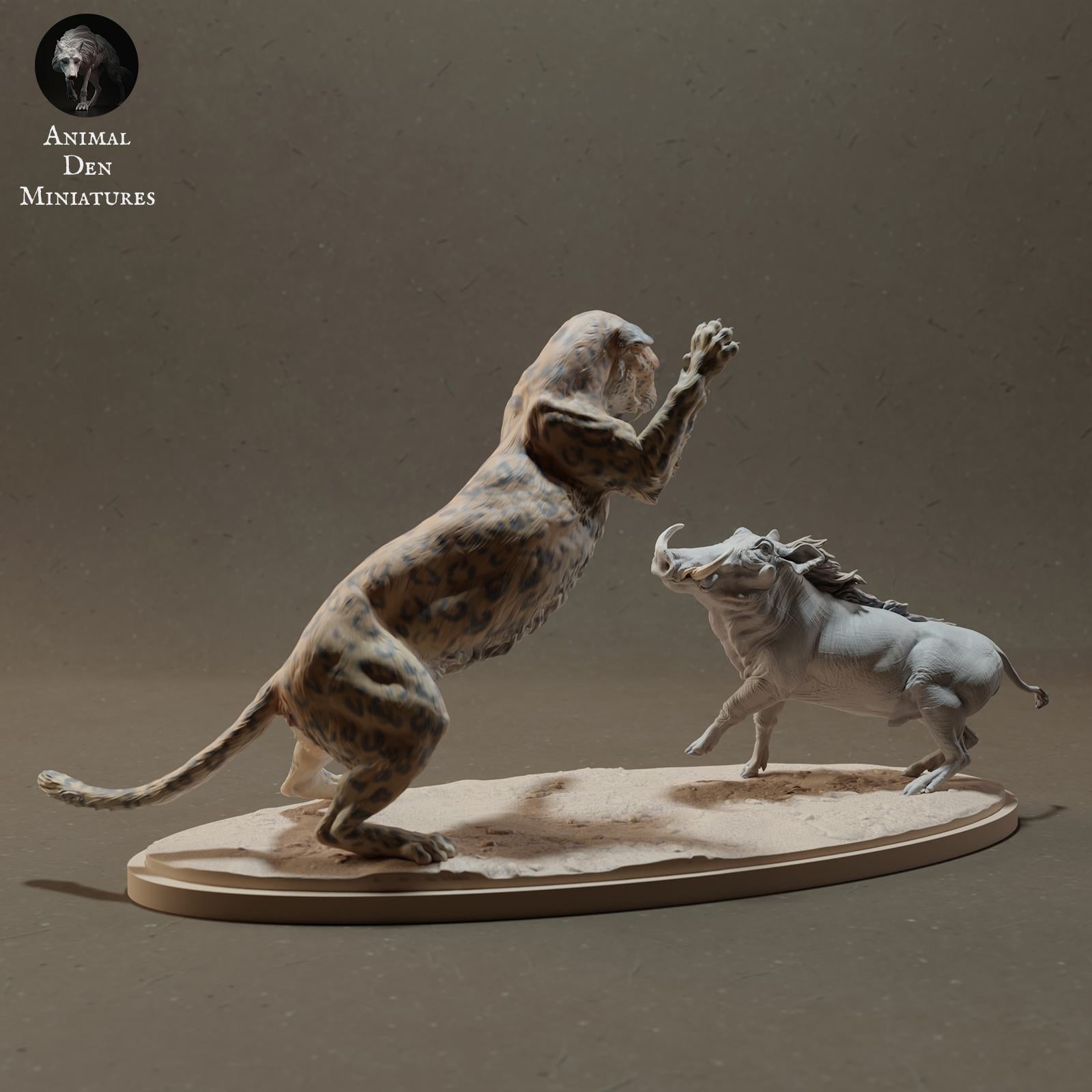 Photo de produit Figurine animale Diorama, Modélisme : 0 : Figurine de faune sauvage : Léopard chassant un phacochère – Animaux de la savane (Ref 01_01_42)
