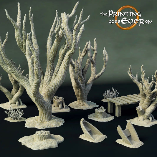 Photo du produit Tabletop 28mm The Printing Goes Ever On (TPGEO) 0 : Terrain marécageux - Arbres pourris, souches d'arbres et buissons - Environnement mortel
