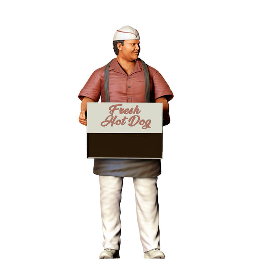 Photo de produit de modélisme diorama 0 : Vendeur de snacks avec boîte de hot-dog – Figurine en tablier et chapeau (Réf. n° 410)