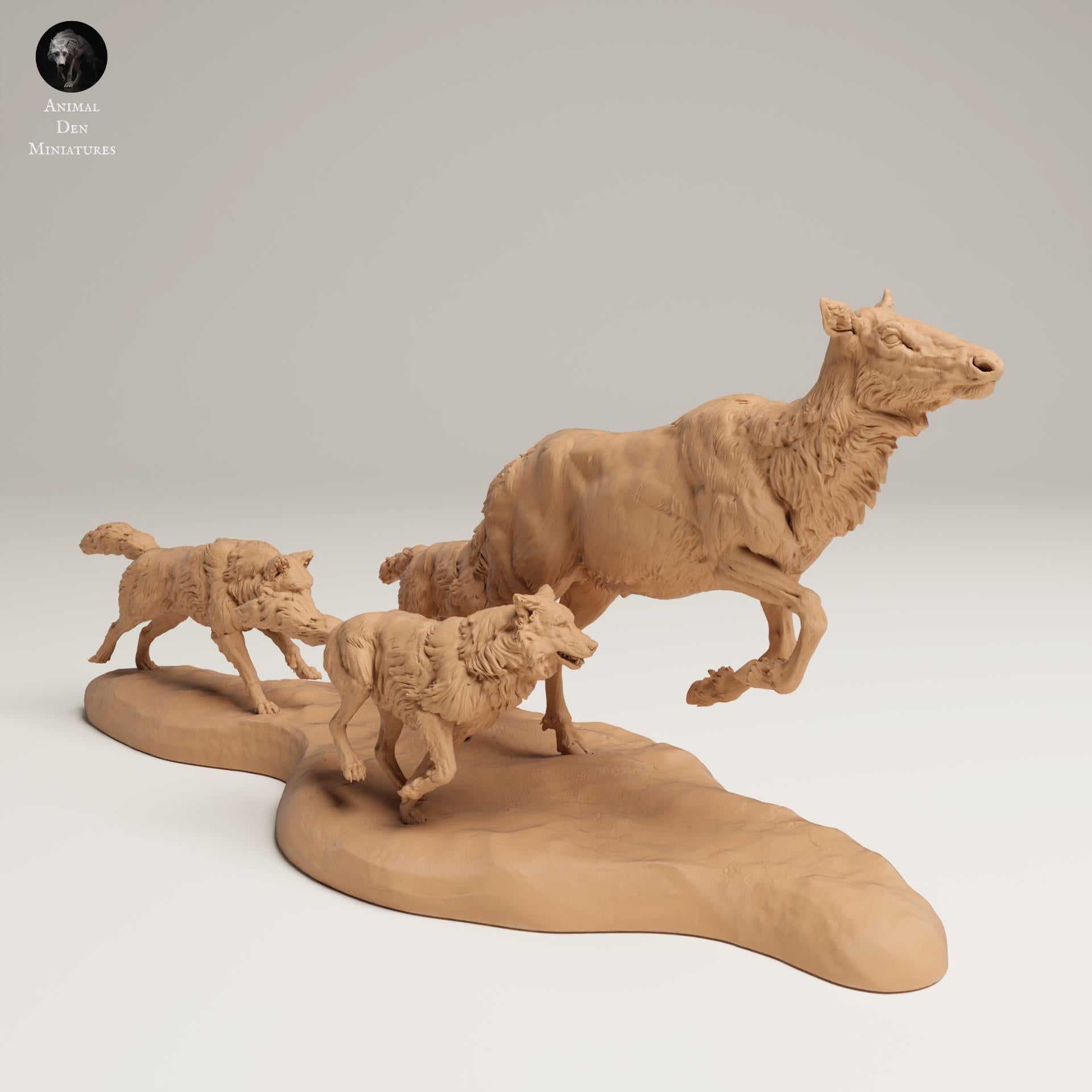 Photo de produit Figurine d'animal Diorama, modélisme : 0 : Figurines de faune sauvage : Loups gris chassant et vache élancée (Ref 25_06_12)