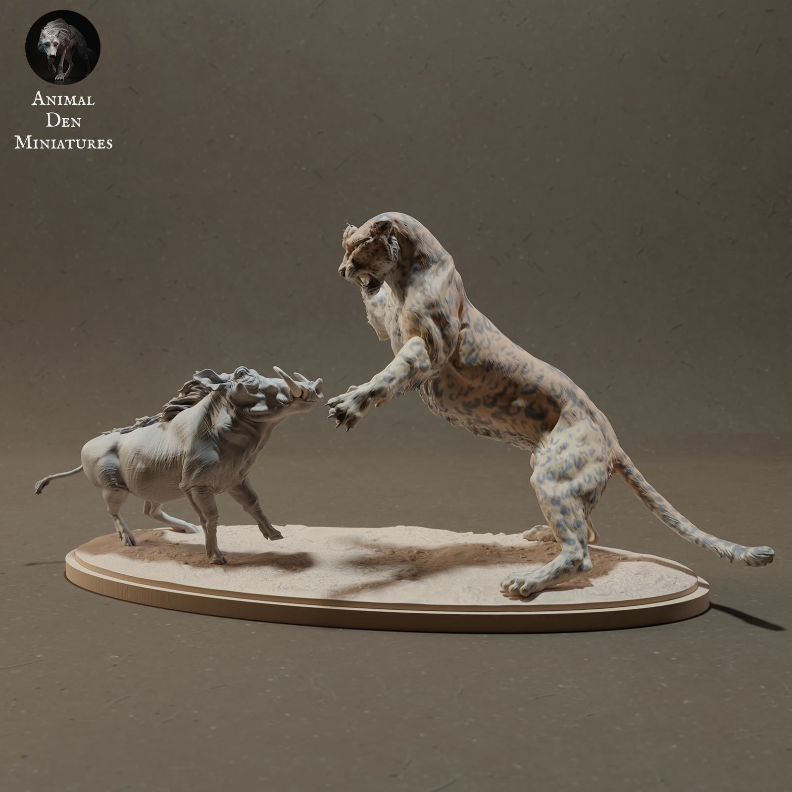 Photo de produit Figurine animale Diorama, Modélisme : 0 : Figurine de faune sauvage : Léopard chassant un phacochère – Animaux de la savane (Ref 01_01_42)