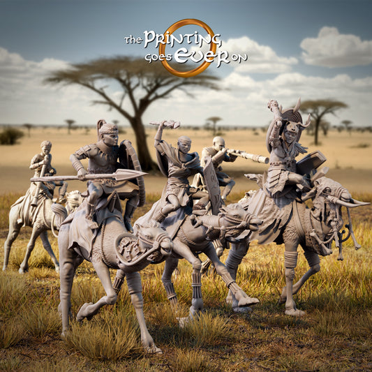 Photo de produit Tabletop 28mm The Printing Goes Ever On (TPGEO) 0 : Cavalier de la savane : Fier tribu indigène avec chef sur des chameaux