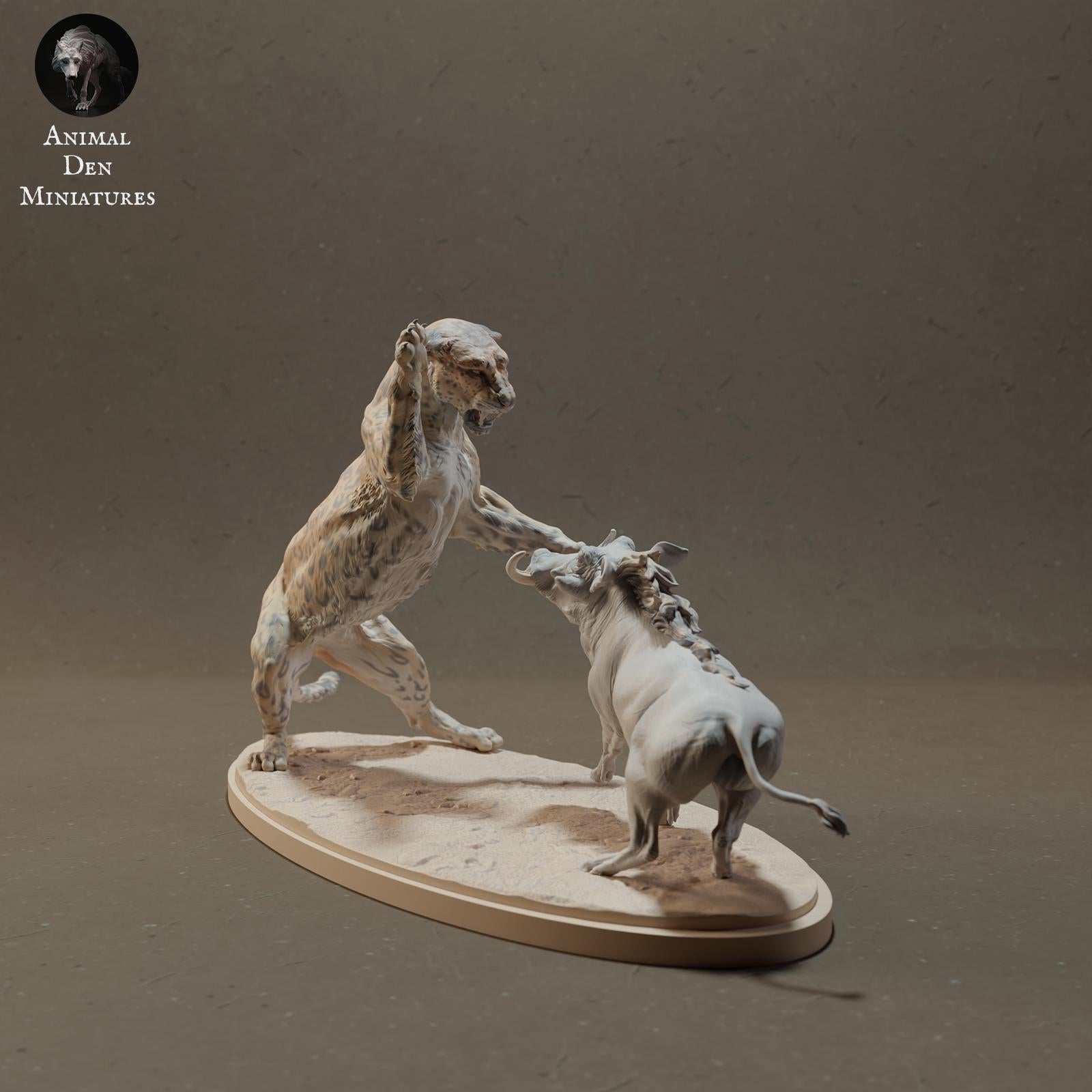 Photo de produit Figurine animale Diorama, Modélisme : 0 : Figurine de faune sauvage : Léopard chassant un phacochère – Animaux de la savane (Ref 01_01_42)