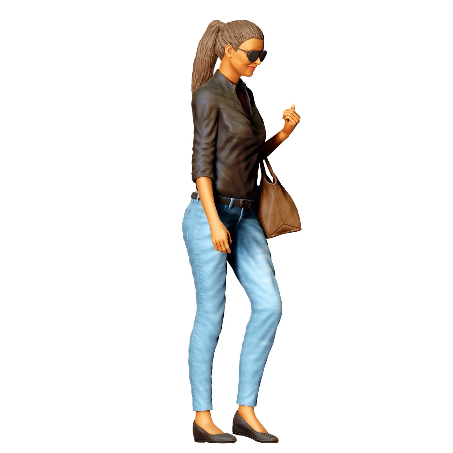 Femme avec lunettes de soleil et sac à main – personnage en jean et veste en cuir (Réf. n° 423)