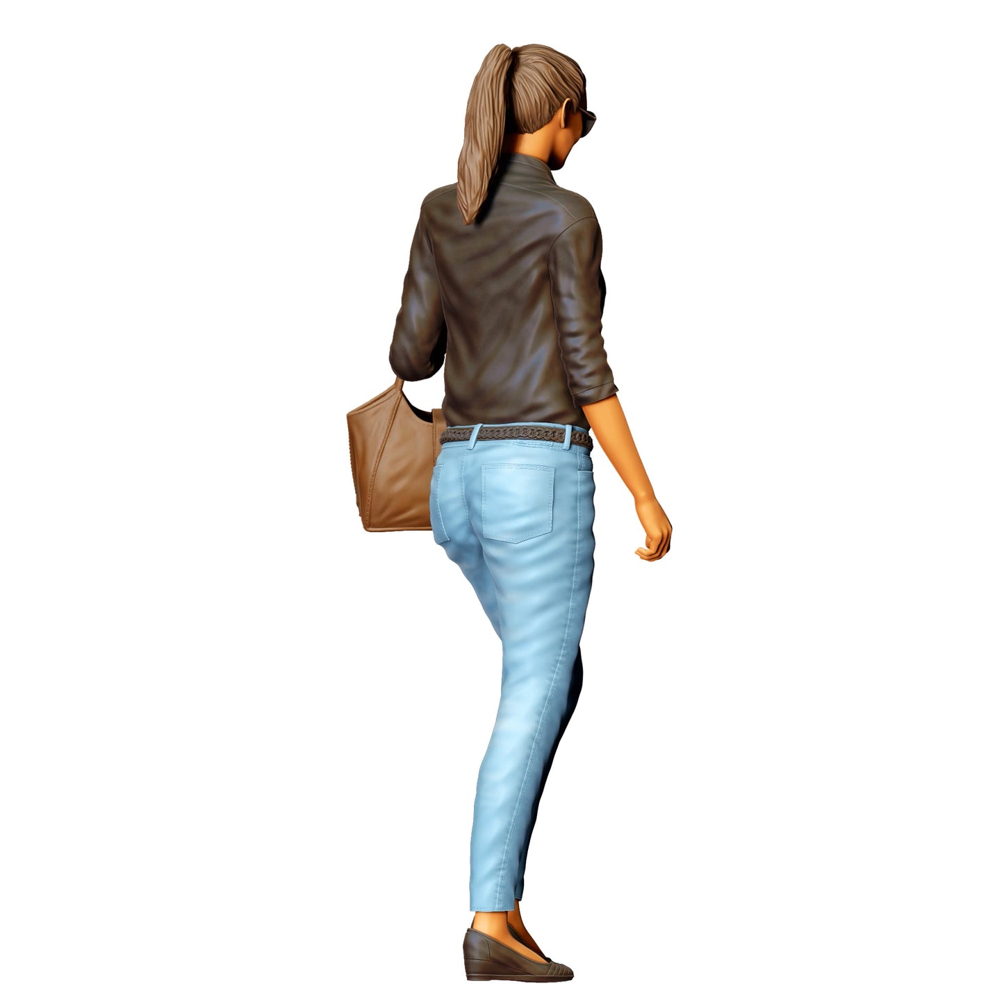 Femme avec lunettes de soleil et sac à main – personnage en jean et veste en cuir (Réf. n° 423)