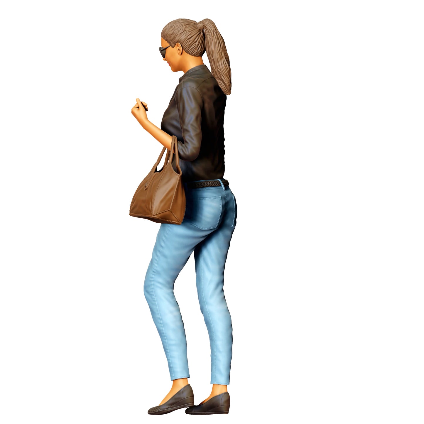 Femme avec lunettes de soleil et sac à main – personnage en jean et veste en cuir (Réf. n° 423)
