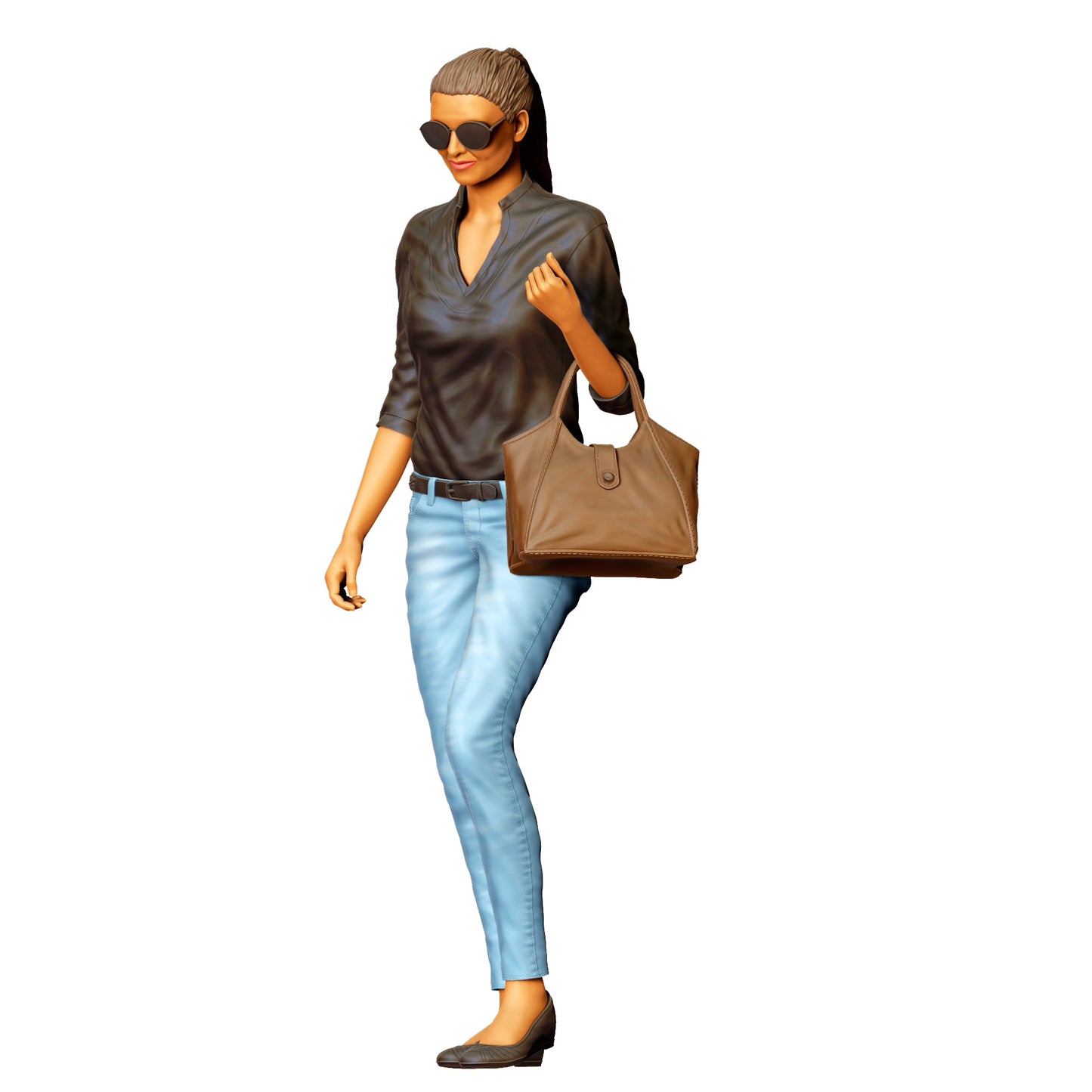 Femme avec lunettes de soleil et sac à main – personnage en jean et veste en cuir (Réf. n° 423)