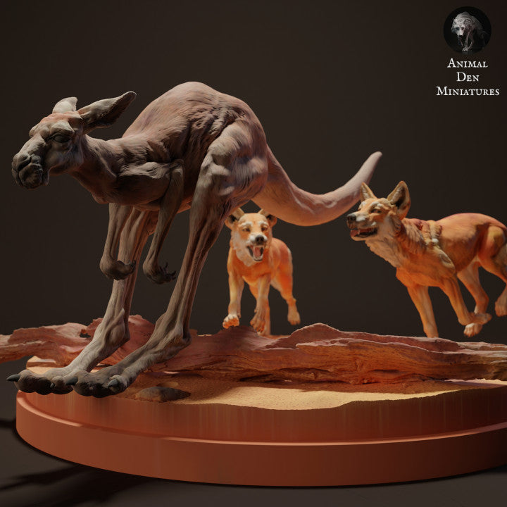 Photo produit figurine animale Animal Den Miniatures 2 : Figurine d’animal sauvage : des dingos chassent un kangourou roux géant (23_04_09)