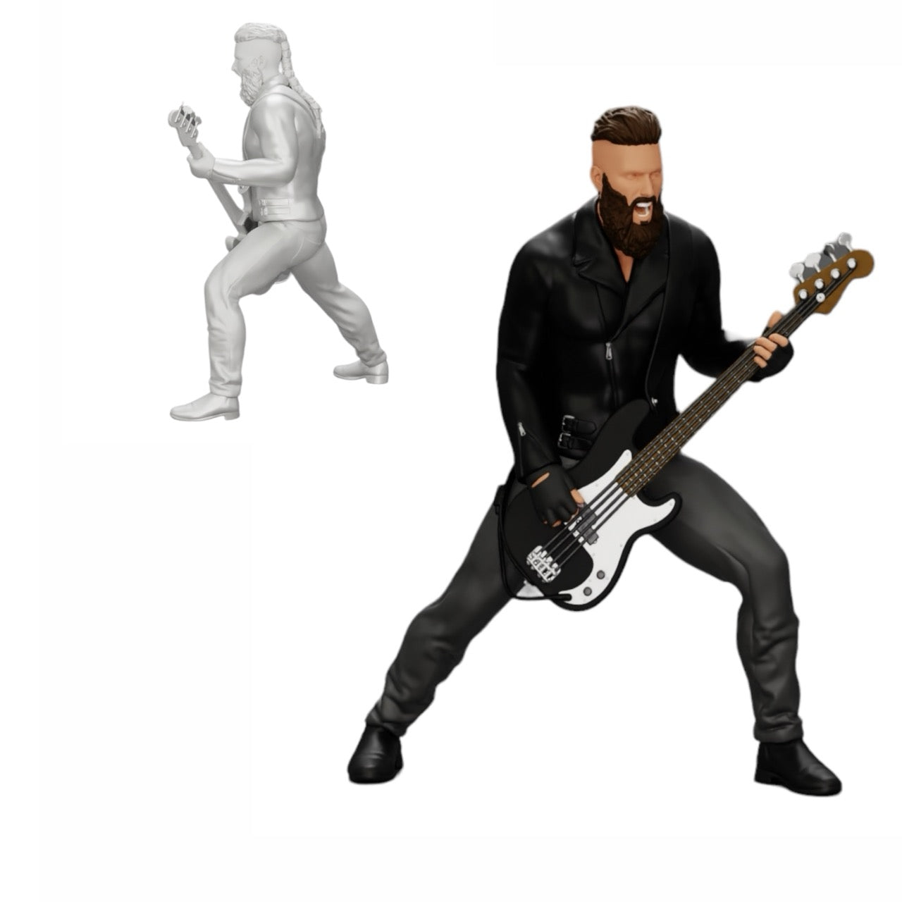 Photo de produit de modélisme diorama 0 : Rockstar jouant de la basse en cuir avec de longs cheveux et une barbe (Ref n° A12)