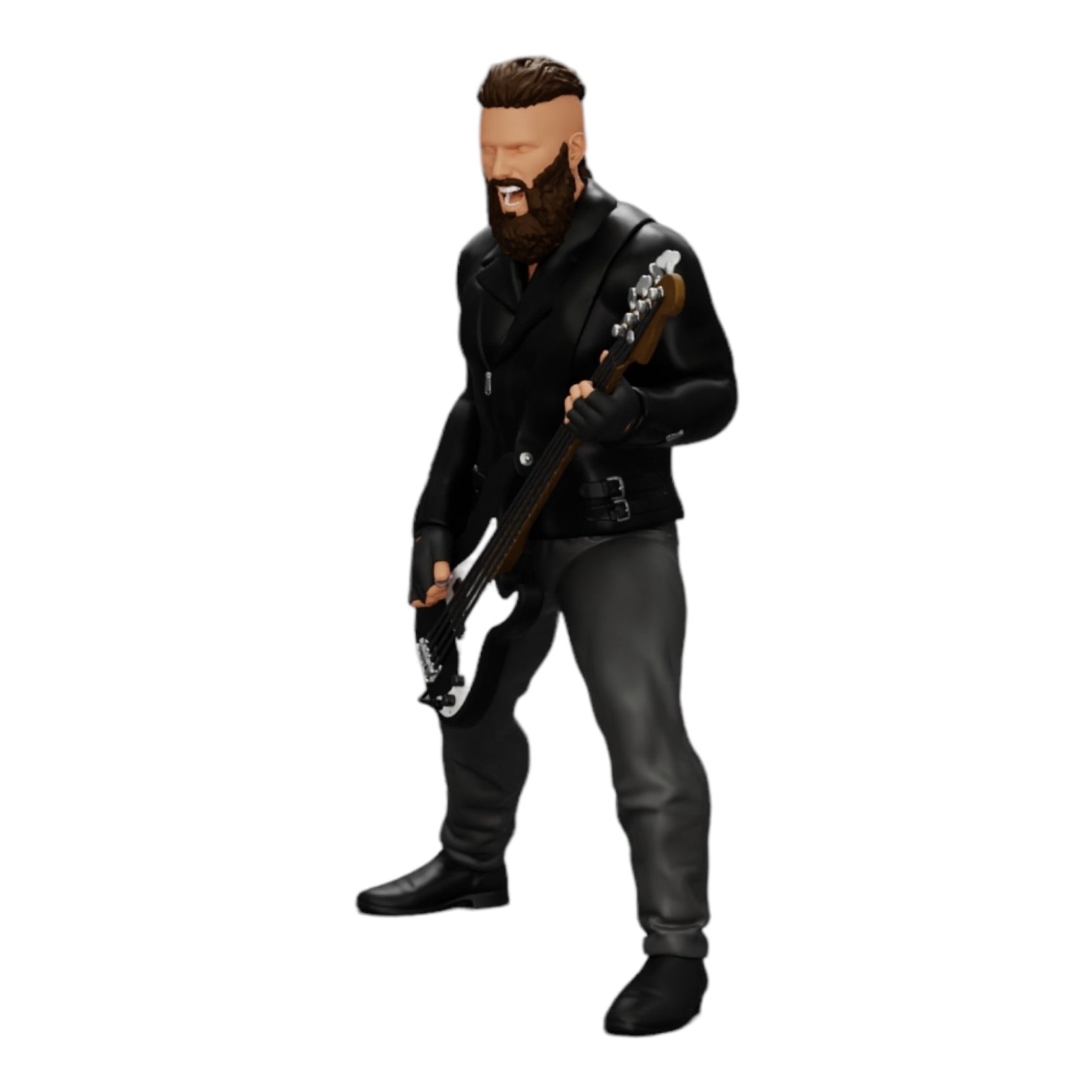 Photo de produit de modélisme diorama 0 : Rockstar jouant de la basse en cuir avec de longs cheveux et une barbe (Ref n° A12)