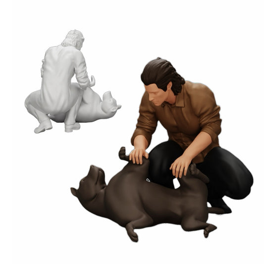 Photo de produit de modélisme diorama 0 : Un homme à genoux caresse son chien couché (Réf n° A20)