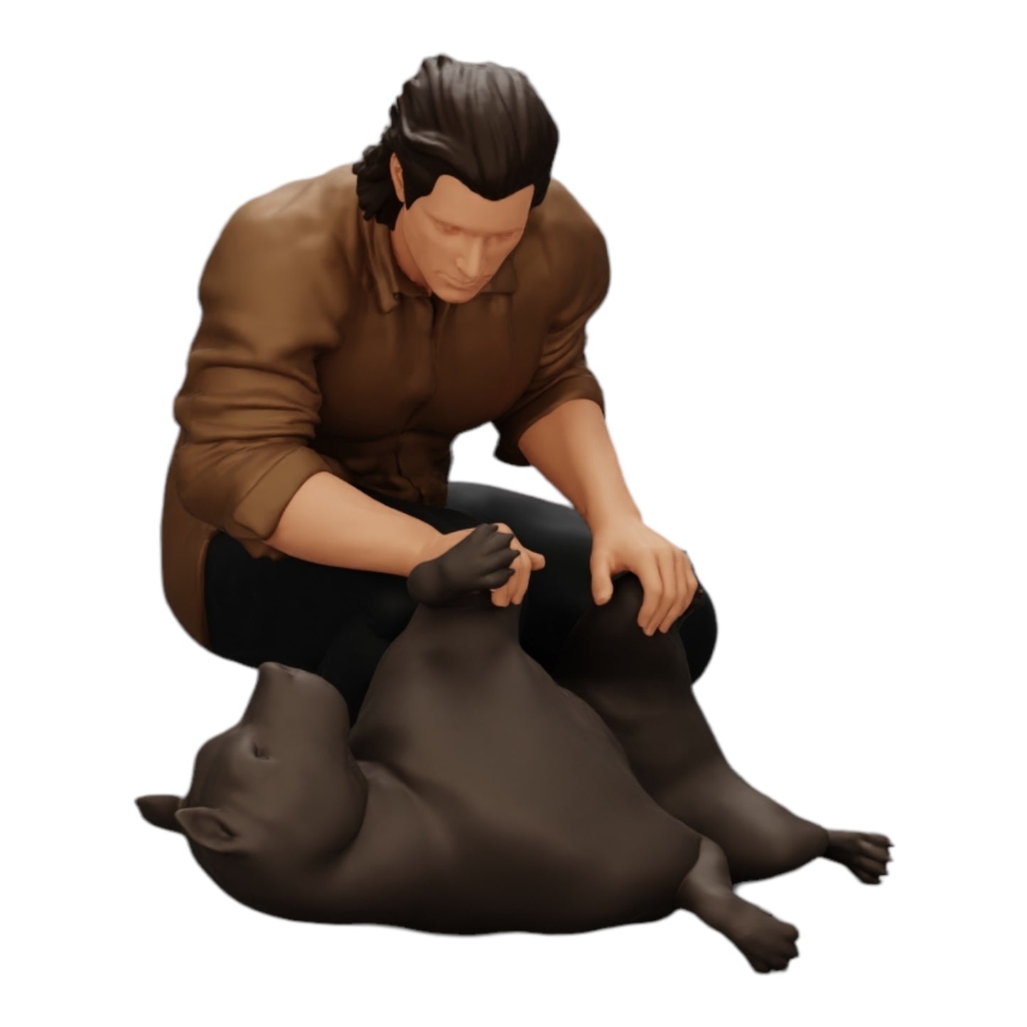 Photo de produit de modélisme diorama 0 : Un homme à genoux caresse son chien couché (Réf n° A20)