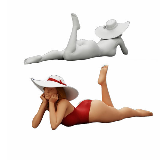 Photo de produit de modélisme diorama 0 : Femme en maillot de bain et chapeau de soleil en vacances allongée sur la plage (Ref Nr. A32)