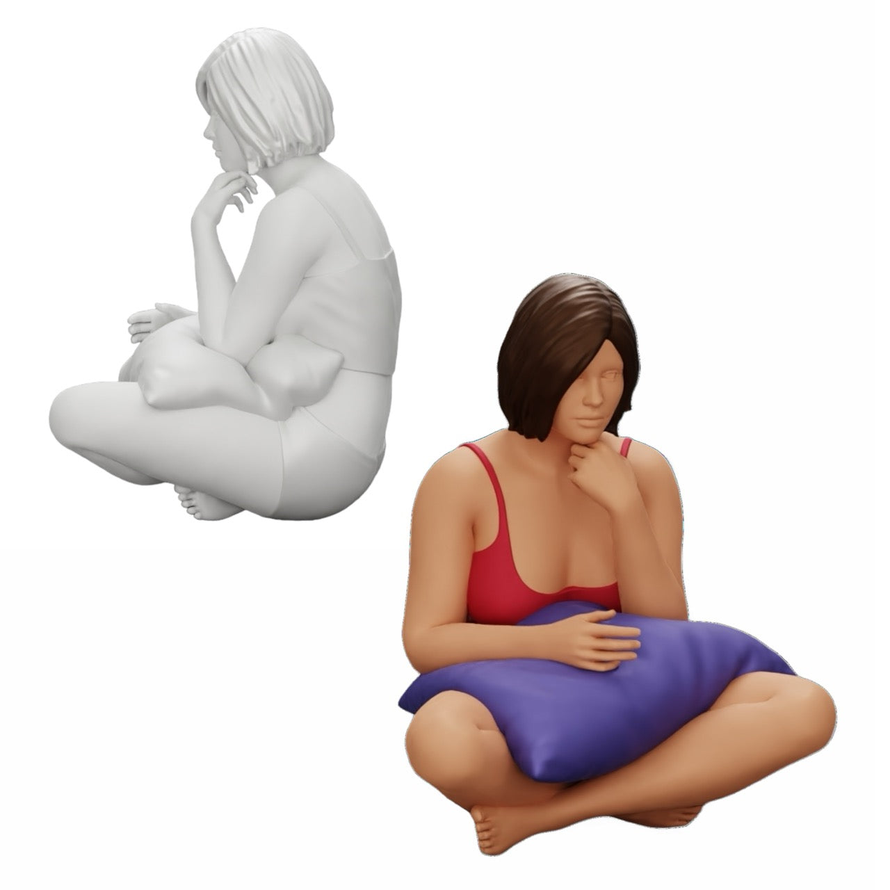 Diorama modélisme photo produit 0 : Fille assise devant la télévision avec des coussins sur les jambes (Réf n° A36)