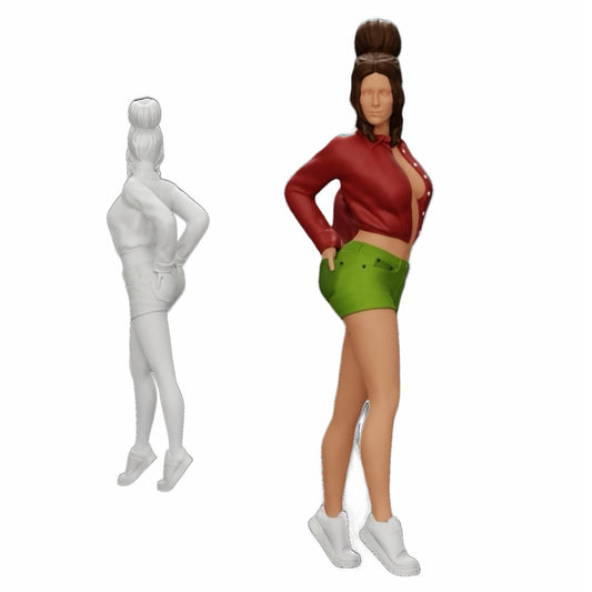 Diorama modélisme photo produit 0 : Fille sexy en shorts et mini-shirt ouvert avec les mains dans la poche arrière (Réf n° A38)