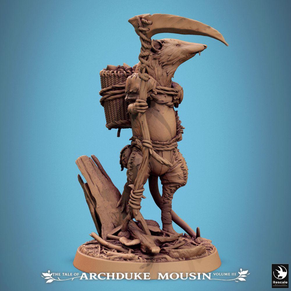 Photo de produit Tabletop 28mm Lord of the Print (LotP) 0 : Miniature Tabletop : Ranger et éclaireur Souris - Humanoïde en look de musaraigne (Musaraigne étrusque) avec faux, bâton de marche et panier (25_07_K7)
