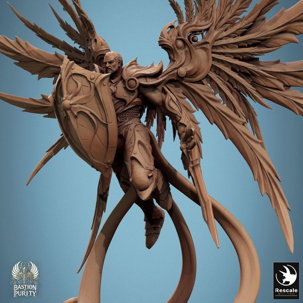 Produktfoto Tabletop 28mm Lord of the Print (LotP) 0: Tabletop Miniatur: Himmlischer Wächter Seraph - geflügelter Paladin/Engelskrieger mit großem Schild, schwebend im Sturzflug, Anführer, Nahkampf (24_09_B7)