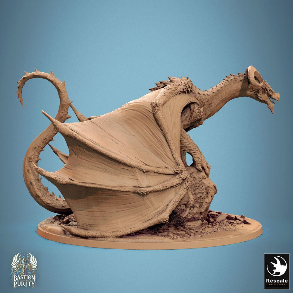 Produktfoto Tabletop 28mm Lord of the Print (LotP) 0: Tabletop Miniatur: Dämonenfürst / Drachendämon - geflügelte Schreckensbestie, brüllend kauernd auf Fels, Widderhörner, Fledermausflügel, Bossmonster (24_09_F1)