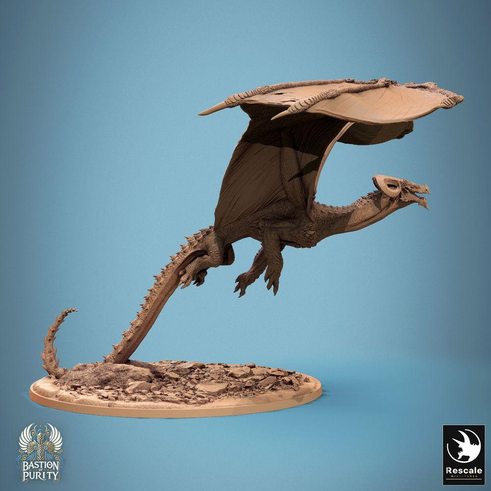 Produktfoto Tabletop 28mm Lord of the Print (LotP) 0: Fantasy Figur: Wyvern / Himmelswyrm - fliegende Drachenminiatur im Sturzflug, Bossmonster mit Odemangriff, Fels-/Geröllbase (24_09_F3)