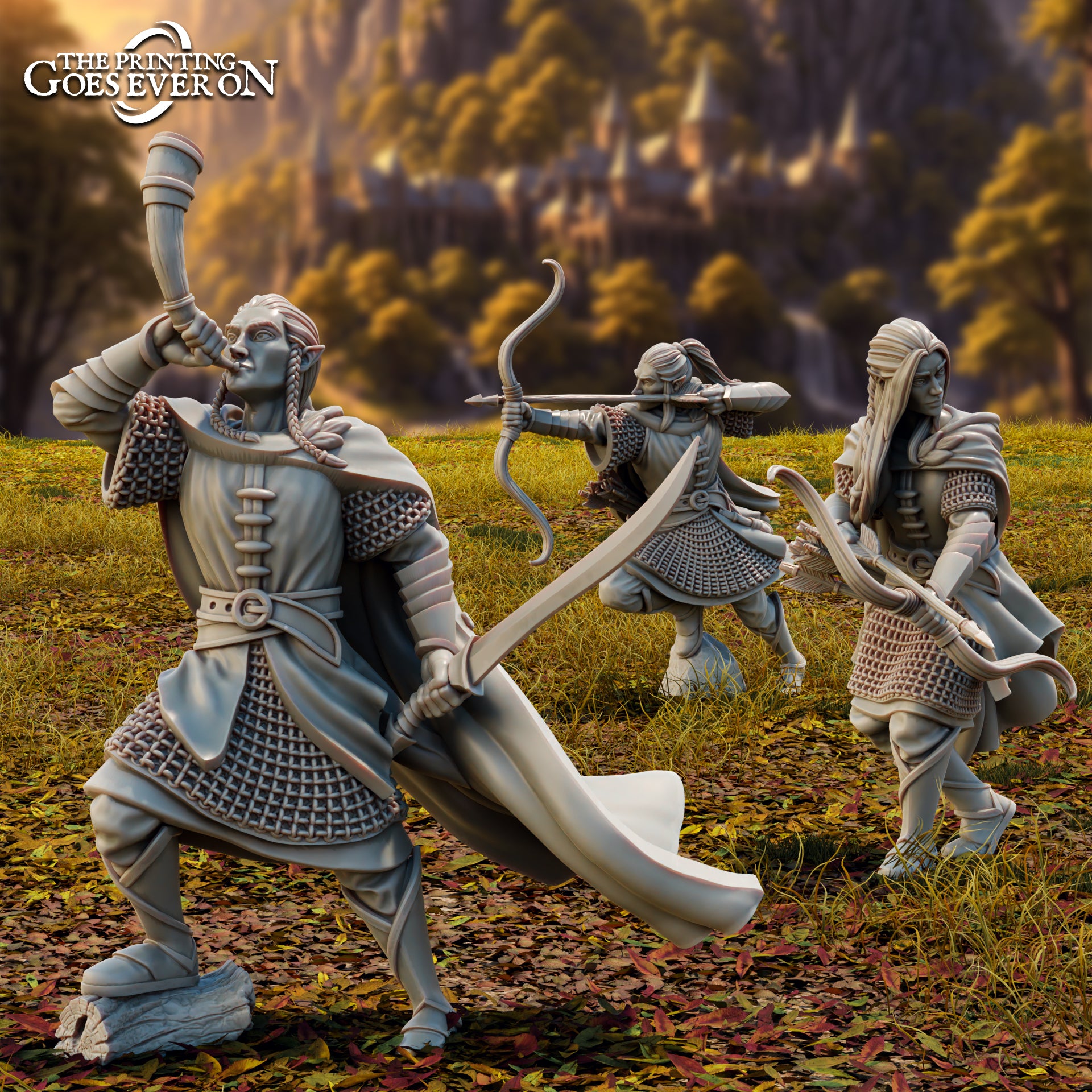 Photo produit Tabletop 28mm The Printing Goes Ever On (TPGEO) 0 : Éclaireurs elfes - 3 guerriers de Brightwood - éclaireurs avec épée et arc