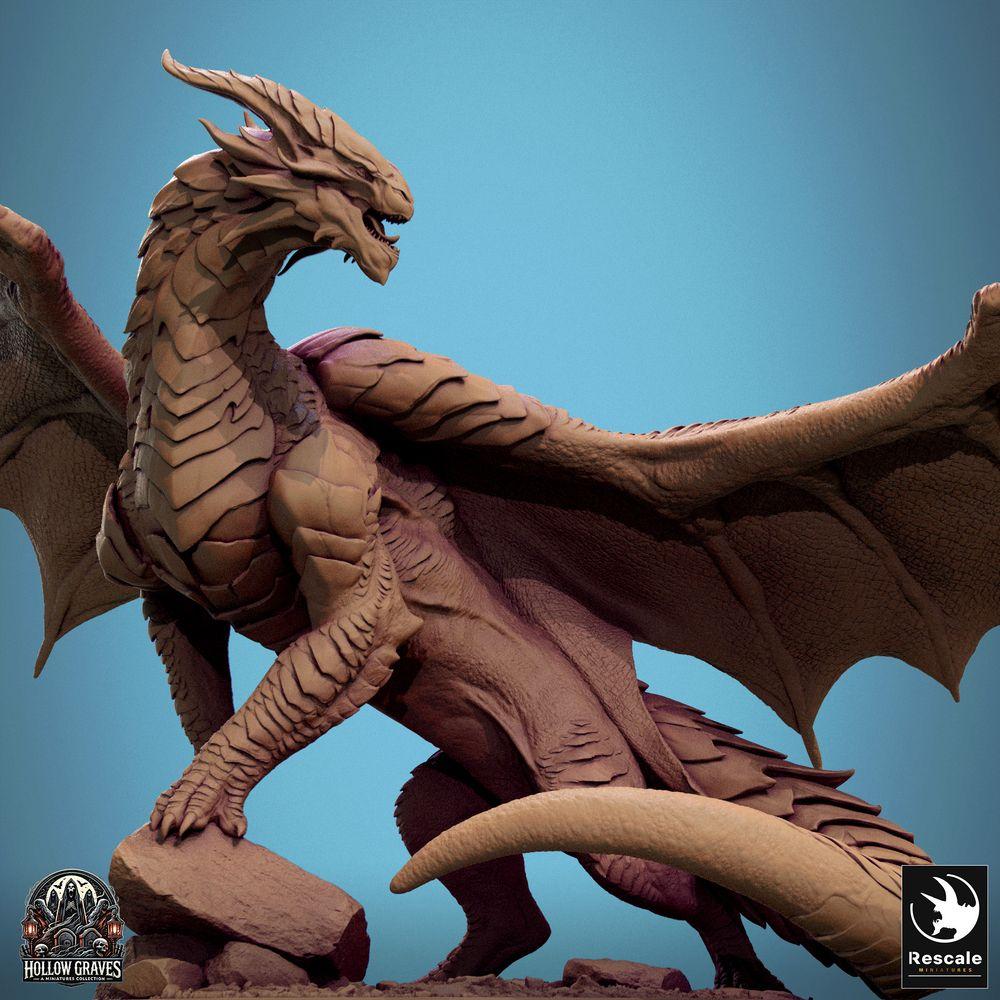 Photo de produit Tabletop 28mm Lord of the Print (LotP) 0 : Figurine Fantasy : Dragon de Cuivre, ancien Wyrm et seigneur des dragons, rugissant avec les ailes déployées, sur socle rocheux, monstre de boss (24_10_D1)