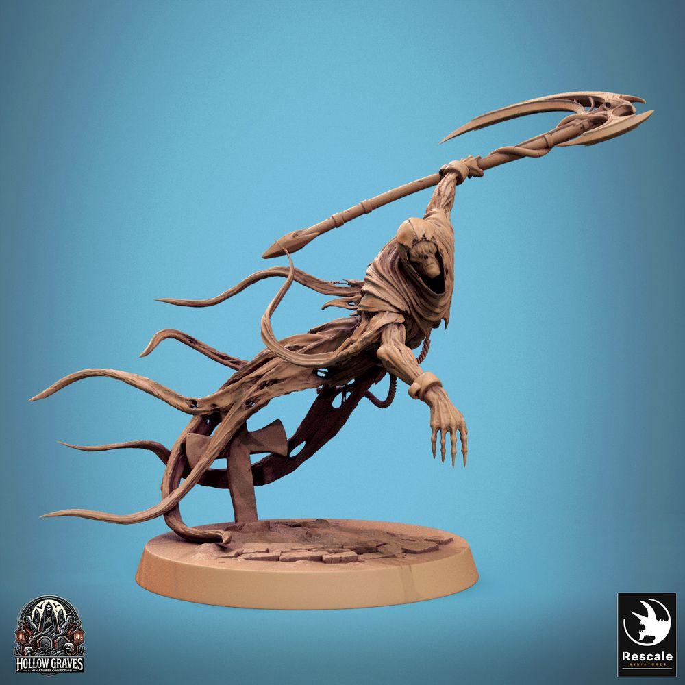 Photo de produit Tabletop 28mm Lord of the Print (LotP) 0 : Miniature Tabletop : Faucheur mort-vivant Wraith, esprit avec une faux à deux lames, boss de donjon flottant sur base de pierre tombale (24_10_A1)