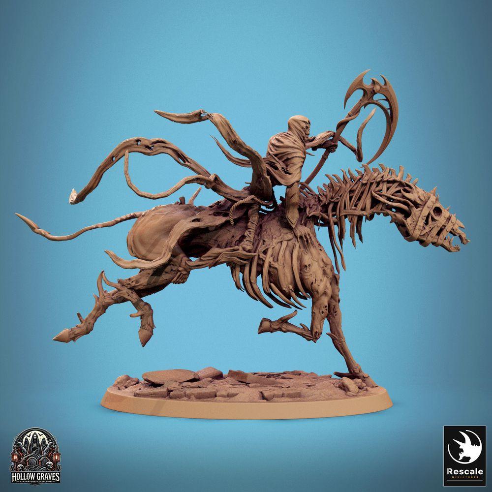 Photo de produit Tabletop 28mm Lord of the Print (LotP) 0 : Miniature Tabletop : Cavalier Squelettique - Wraith-Rider Chevalier Fantôme, cavalier maudit avec faux à double lame sur cheval osseux en charge (24_10_E1)