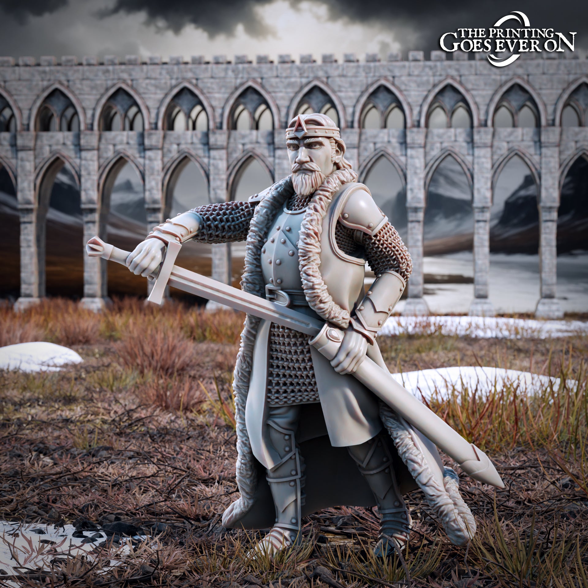 Photo du produit Tabletop 28mm The Printing Goes Ever On (TPGEO) 0 : Roi Arvelon - À cheval et à pied : Brave leader des hommes du Nord