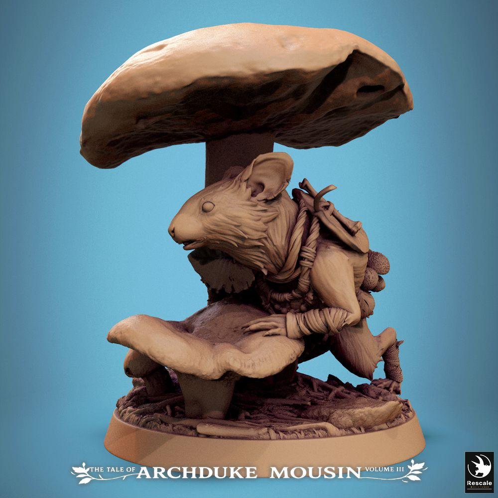 Photo de produit Tabletop 28mm Lord of the Print (LotP) 1: Figurine Fantasy: Souris anthropomorphe - Ranger, Voleur, Scout dans la forêt de champignons sous un chapeau de champignon, Cape en feuille, Base scénique (25_07_Q21)