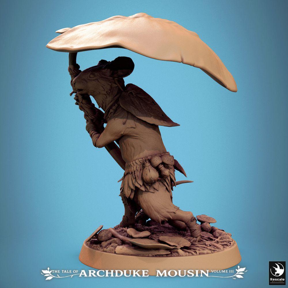Photo du produit Tabletop 28mm Lord of the Print (LotP) 1 : Miniature Tabletop : Guerrier Souris des Tierfolk, Ranger et Guerrier Champignon avec bouclier en forme de champignon et massue en tige de champignon (25_07_Q25)