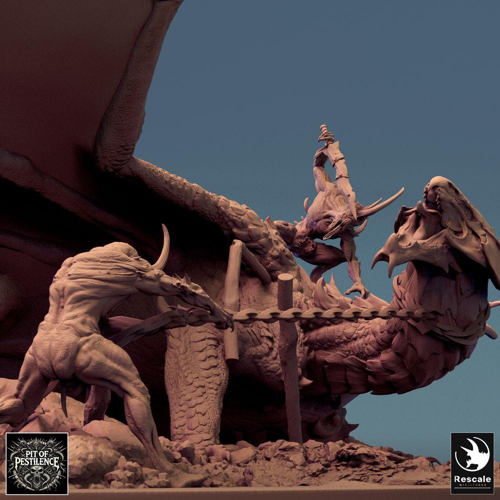 Photo de produit Tabletop 28mm Lord of the Print (LotP) 0 : Miniature Tabletop : Dragon en laiton Brass Dragon - Grand dragon, Wyrm ; Boss de chasseur de dragons - Rencontre de chasse avec chaînes et lance sur base de diorama (24_08_A1)