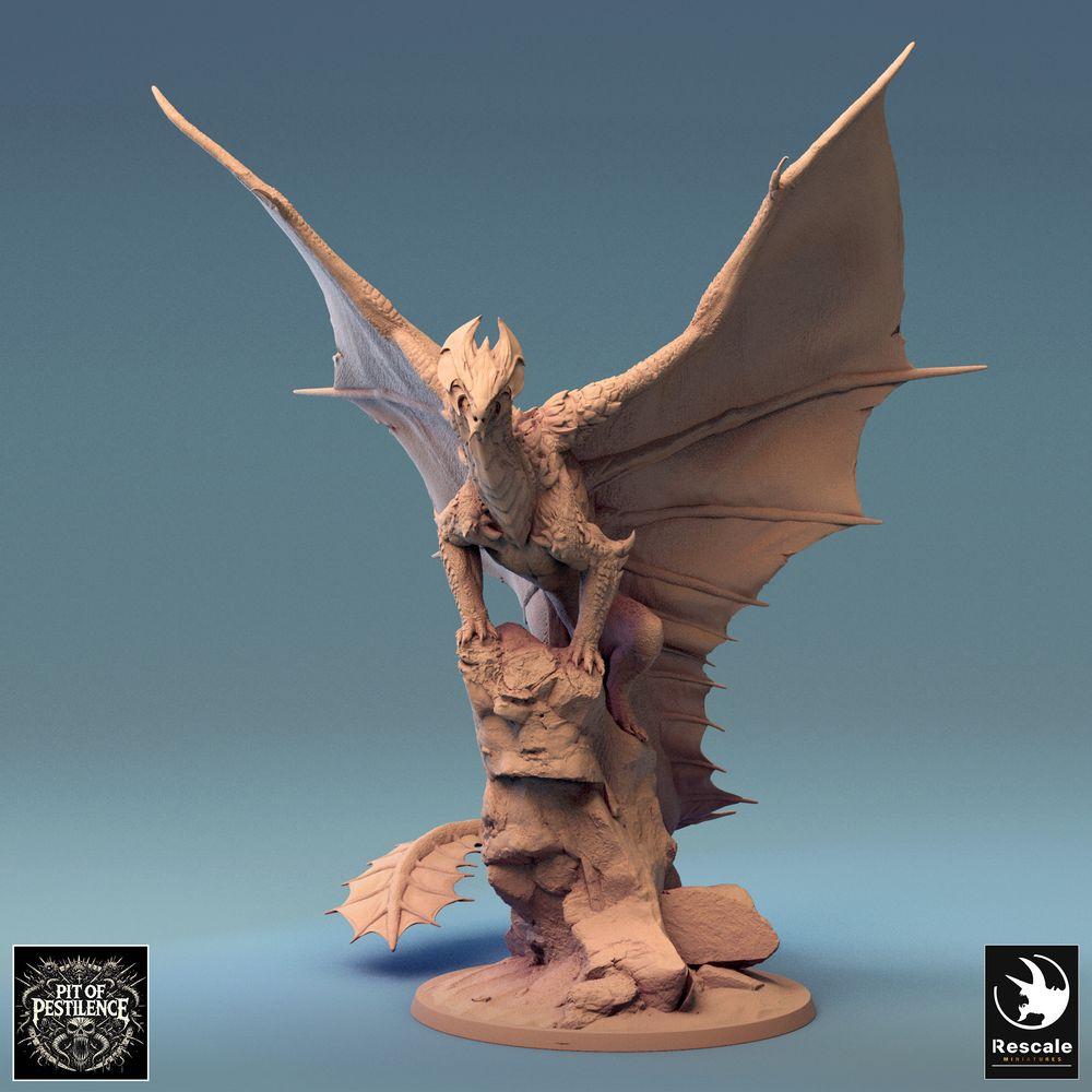 Image du produit Tabletop 28mm Lord of the Print (LotP) 0 : Miniature Tabletop : Dragon en laiton, grand dragon sur rocher avec ailes déployées - Monstre boss, créature volante, bête dragon, base de diorama (24_08_A2)