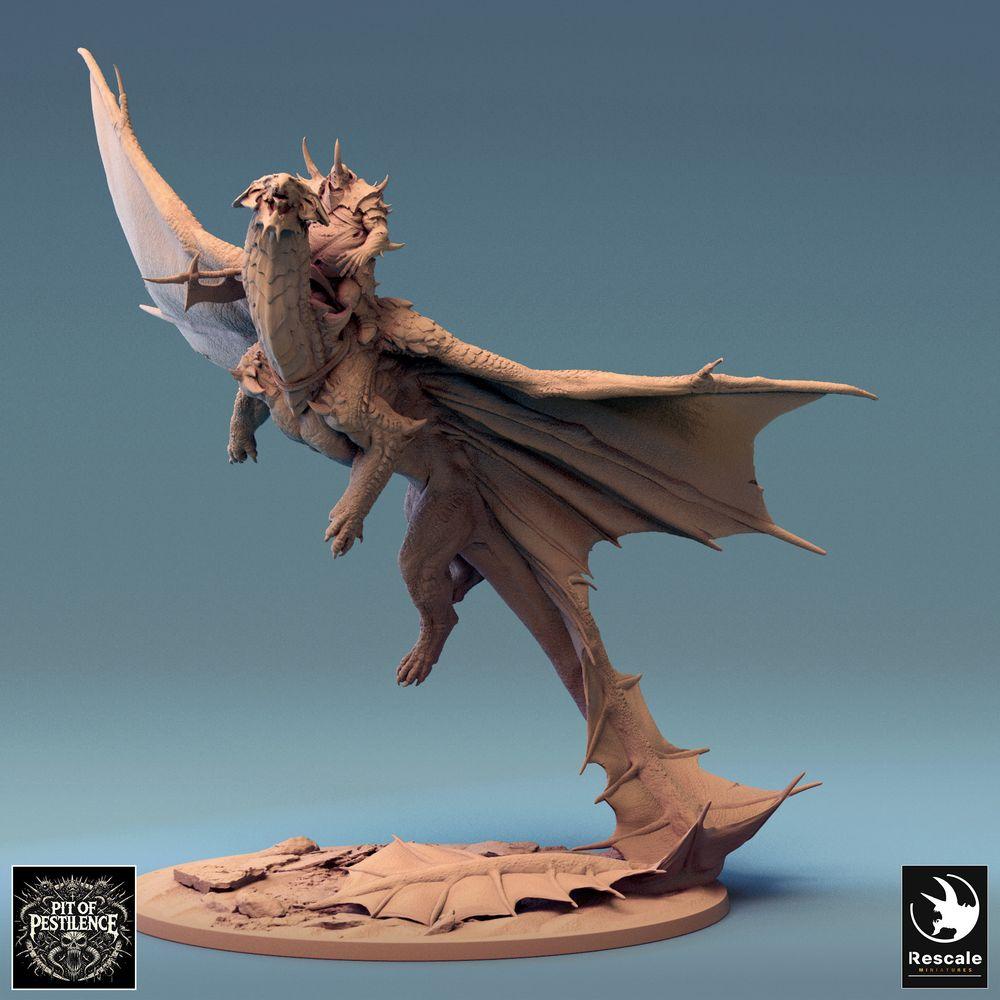 Photo produit Tabletop 28mm Lord of the Print (LotP) 0 : Miniature fantastique : Cavalier de dragon sur wyverne - Dragon en laiton en vol ascendant, Boss/Héros Chevalier du Chaos, Cavalerie aérienne pour Wargame/Skirmish (24_08_A3)
