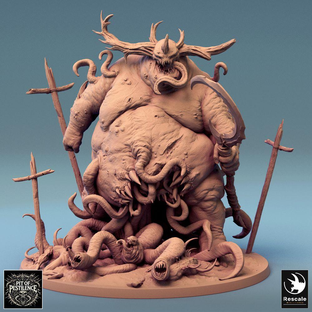 Photo de produit Tabletop 28mm Lord of the Print (LotP) 0 : Miniature Tabletop : Démon de la peste, seigneur démon - grand monstre corpulent et bête à tentacules avec hache de bourreau et bâton trophée, hurlant avec couronne de cornes et ventre ouvert (24_08_B1)