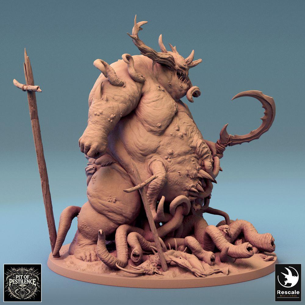 Photo de produit Tabletop 28mm Lord of the Print (LotP) 0 : Miniature Tabletop : Démon de la peste, Seigneur des démons - grand monstre corpulent et bête à tentacules avec hache de bourreau et bâton de trophées, hurlant avec une couronne de cornes et un ventre ouvert (24_08_B1)