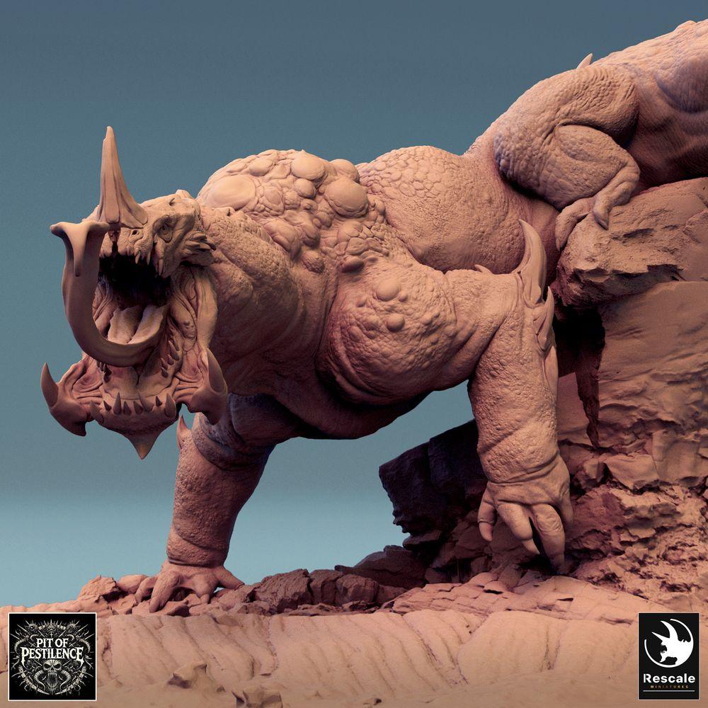Photo de produit Tabletop 28mm Lord of the Print (LotP) 0 : Miniature Tabletop : Cavalier de bête sur bête lézard - Champion barbare avec hallebarde, monture démoniaque, boss monstre, socle scénographique (24_08_C1)
