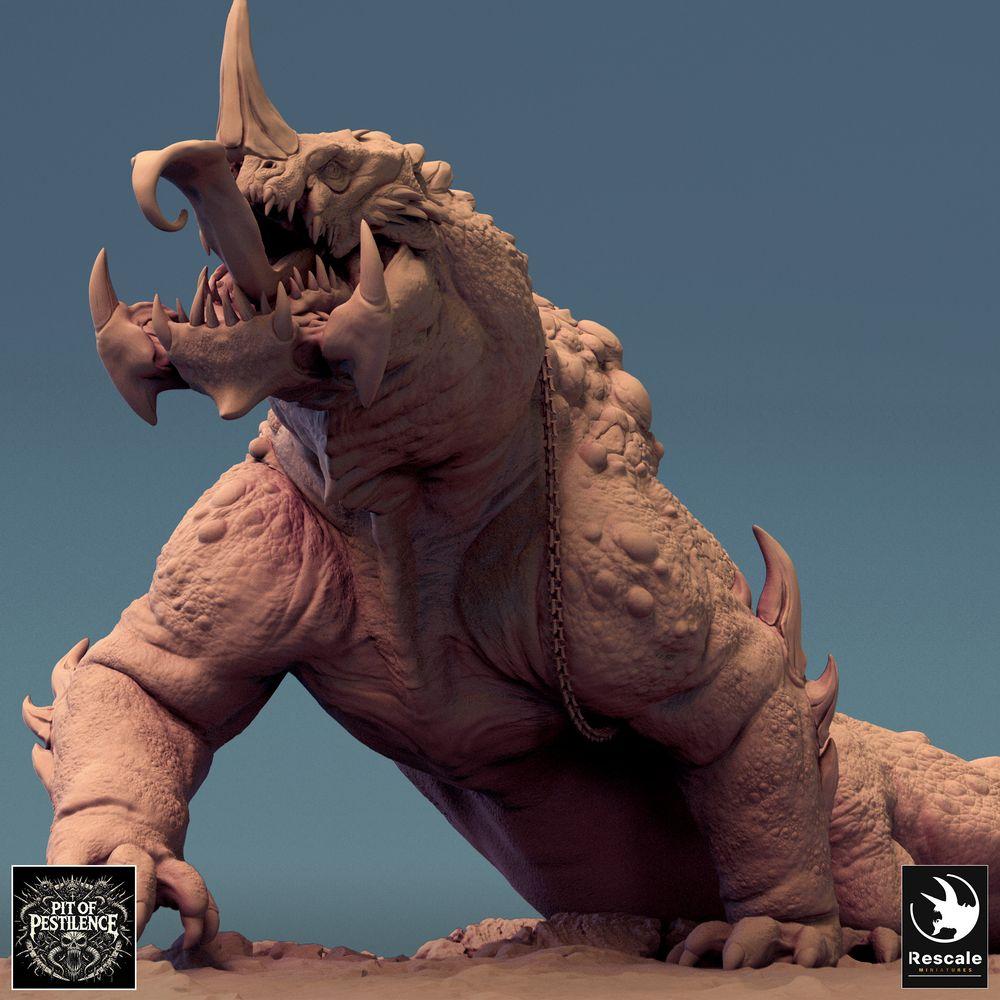 Photo de produit Tabletop 28mm Lord of the Print (LotP) 0 : Miniature de Tabletop : Cavalier barbare sur bête des marais - Monstre reptilien dinosaure de guerre, bête de guerre avec lance, armure en chaîne et selle (24_08_C2)