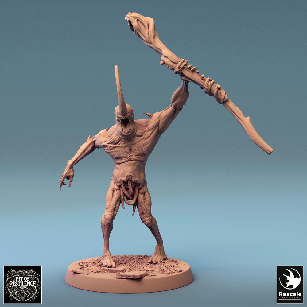 Photo de produit Tabletop 28mm Lord of the Print (LotP) : Figurine fantastique : Démon, Bête du Chaos, Abomination, Berserker avec massue en position de coup au-dessus de la tête, Monstre Boss pour Skirmish, Wargame et Dungeon-Crawl (24_08_F18)
