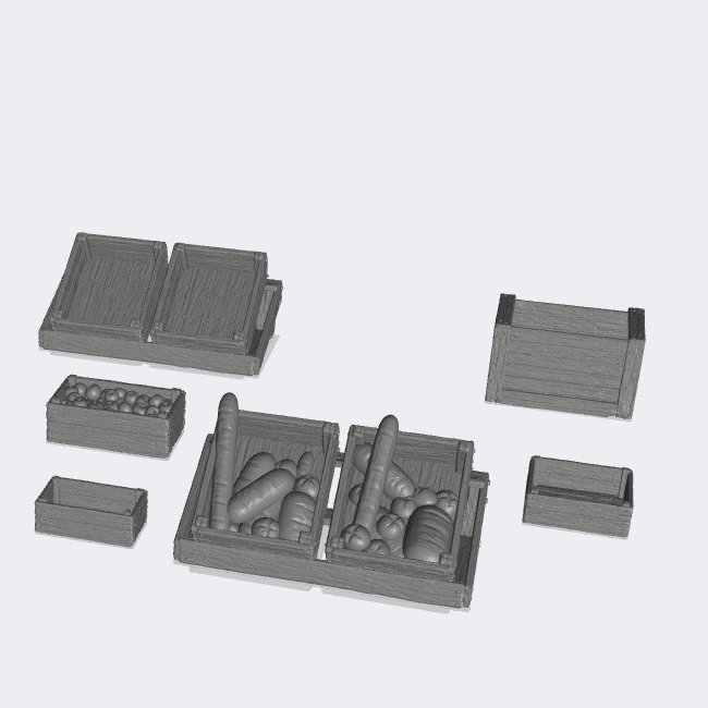 Produktfoto Miniatur Möbel, Einrichtung Diorama und Modellbau 0: Markt und Bazar: 6 Kisten, Obstkisten - leer, mit Brot und mit Früchten