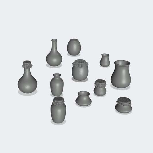 Photo de produit Miniature Mobilier, Décoration Diorama et Modélisme 0 : Stockage et Rangement : Ensemble de cruches B - 11 cruches en terre cuite, contenants, tasses, verres, bols