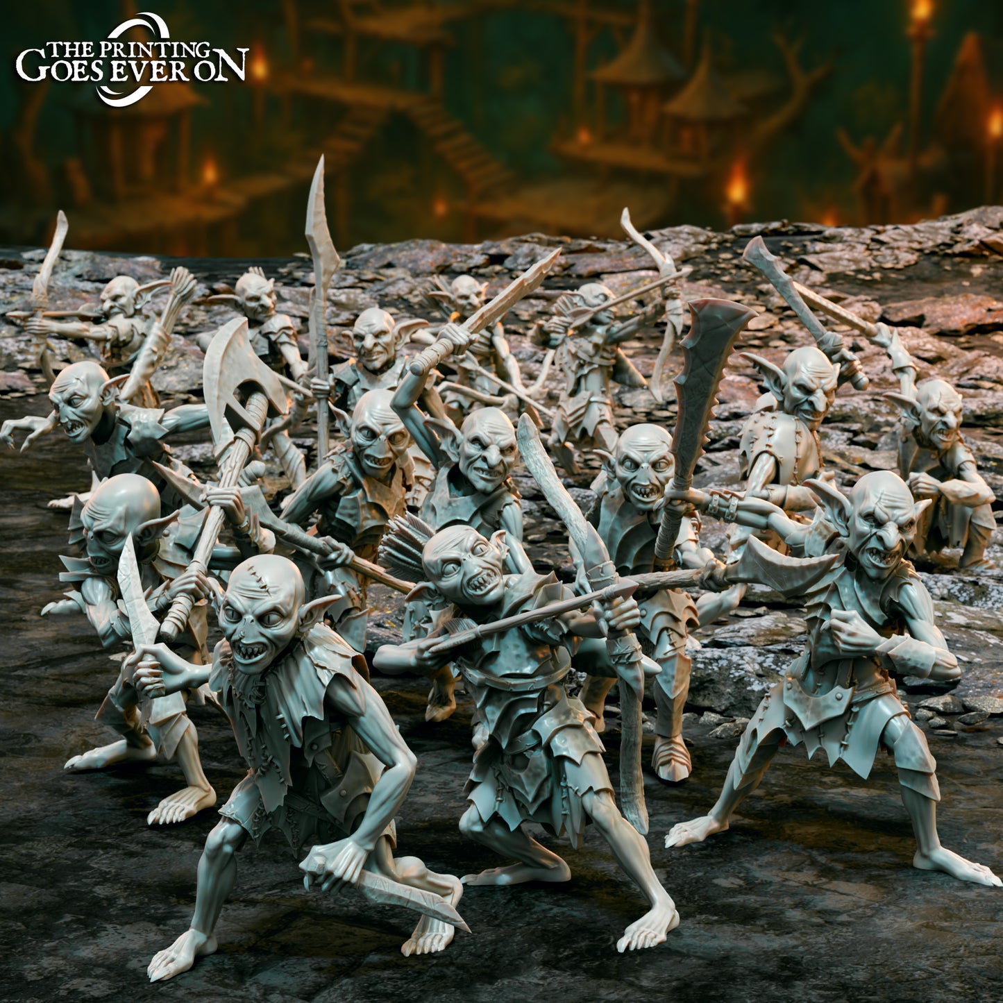 Produktfoto Tabletop 28mm The Printing Goes Ever On (TPGEO) 0: Goblin Armee - 15 kriegerische Kreaturen - Feindliche Höhlenbewohner