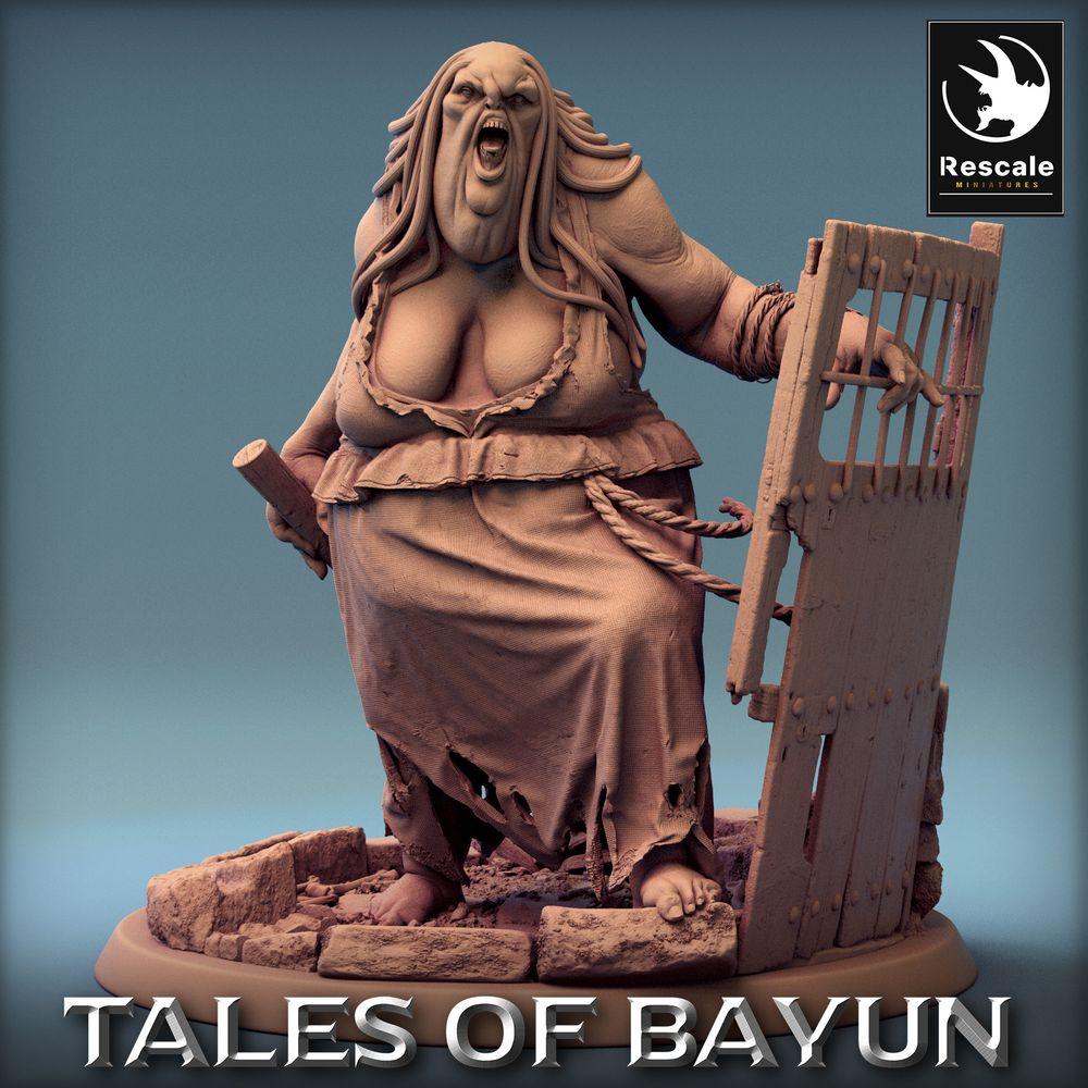 Photo de produit Tabletop 28mm Lord of the Print (LotP) 0 : Miniature Tabletop : Kikimora Oger-Matrone, Gardienne de donjon avec bouclier à porte en fer et matraque, Sorcière troll, Gardienne de porte, Boss de donjon (24_01_D1)